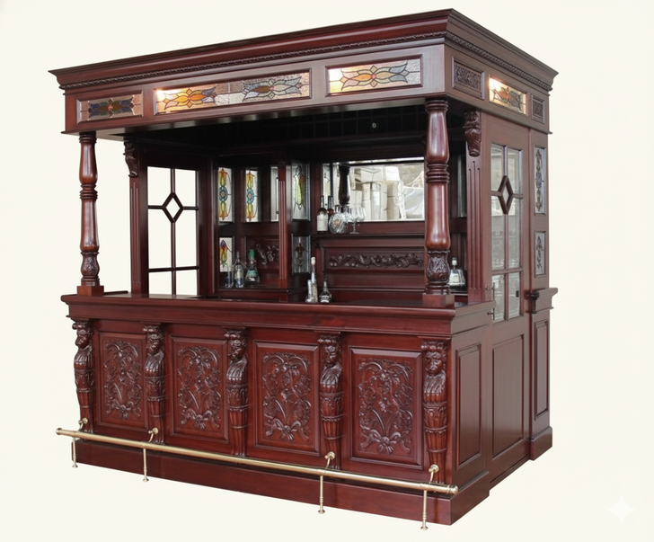 8.5ft Solid Mahogany Leaded Stained Glass Lion Carved Canopy Pub Bar