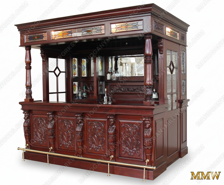 8.5ft Solid Mahogany Leaded Stained Glass Lion Carved Canopy Pub Bar