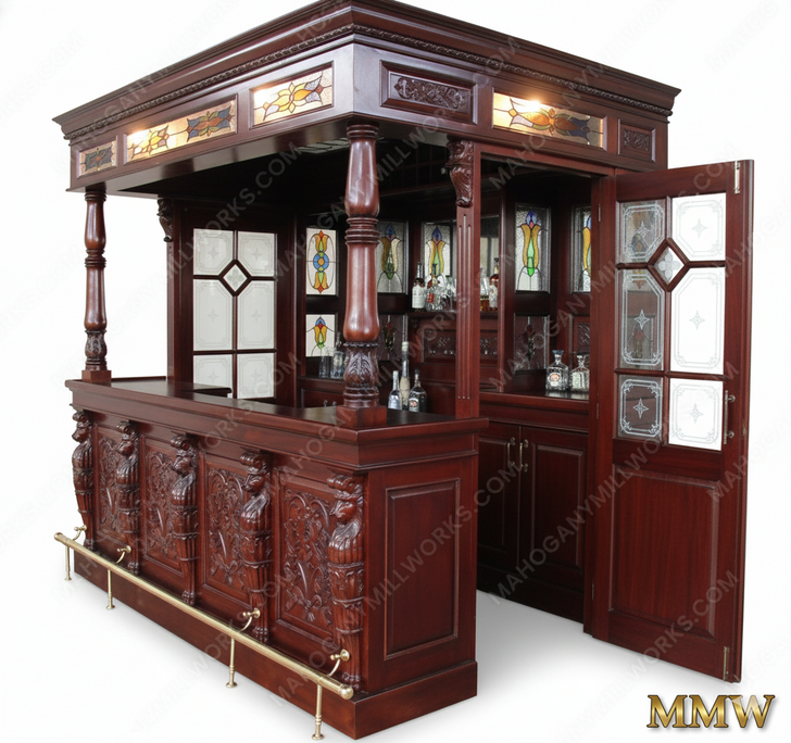 8.5ft Solid Mahogany Leaded Stained Glass Lion Carved Canopy Pub Bar