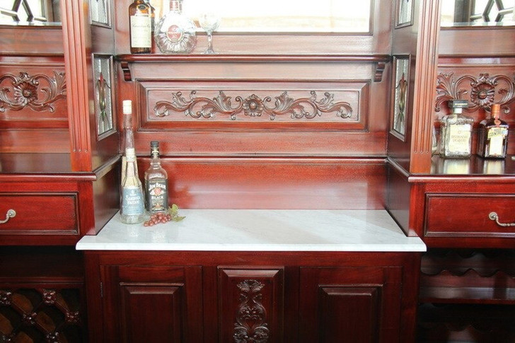 8.5ft Solid Mahogany Leaded Stained Glass Lion Carved Canopy Bar