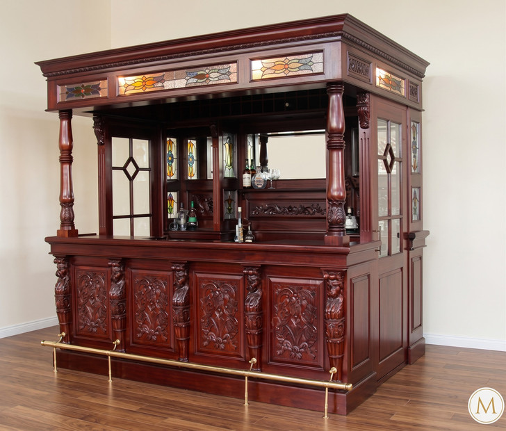 8.5ft Solid Mahogany Leaded Stained Glass Lion Carved Canopy Bar