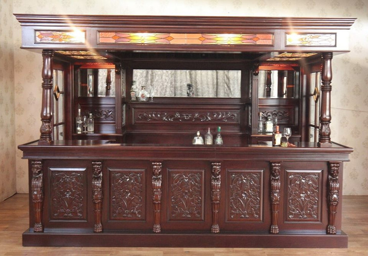 11ft Bespoke Dark Mahogany Traditional Canopy Pub Bar w/ Leaded Stained Glass