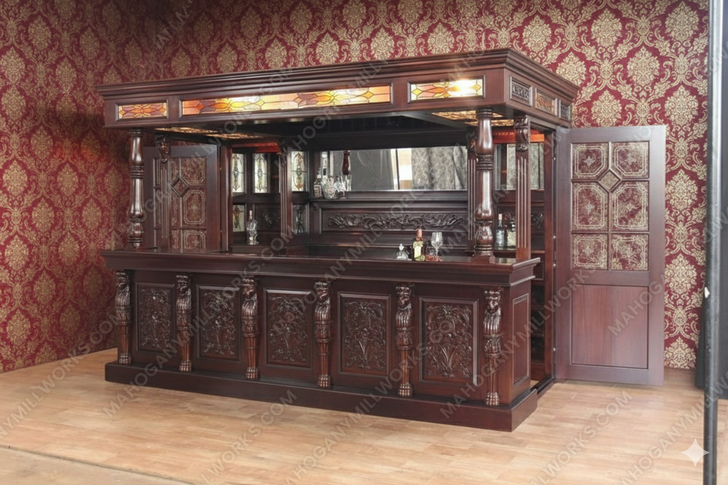 Extravagant 11ft Canopy Pub Bar w/ Lead Stained Glass Doors