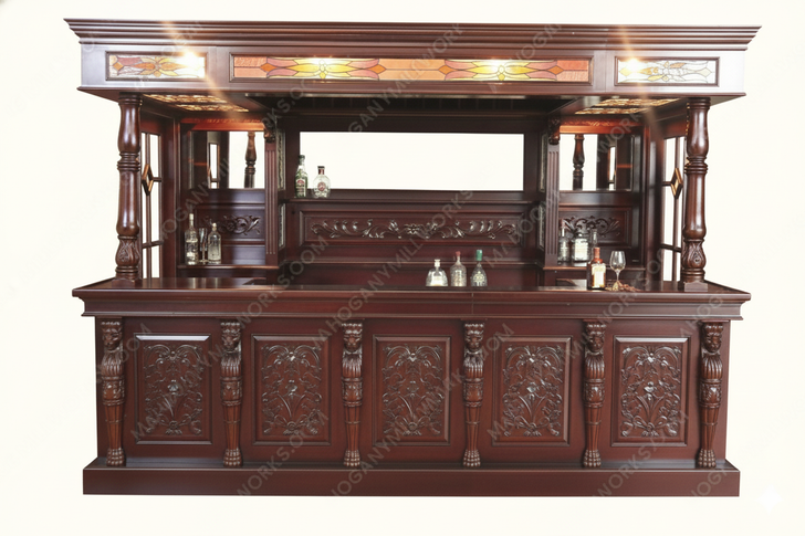 Extravagant 11ft Canopy Pub Bar w/ Lead Stained Glass Doors