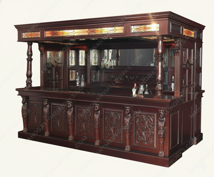 Extravagant 11ft Canopy Pub Bar w/ Lead Stained Glass Doors