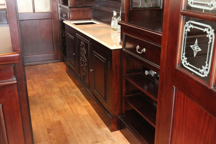 11ft Dark Mahogany Canopy Pub Bar w/ Lead Stained Glass Doors