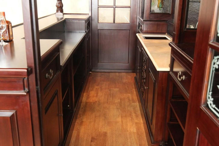 11ft Dark Mahogany Canopy Pub Bar w/ Lead Stained Glass Doors