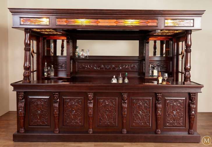 11ft Dark Mahogany Canopy Pub Bar w/ Lead Stained Glass Doors