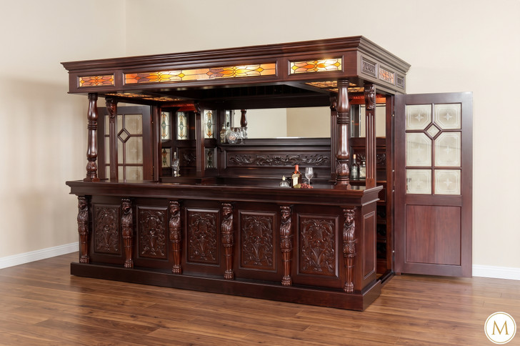 11ft Dark Mahogany Canopy Pub Bar w/ Lead Stained Glass Doors