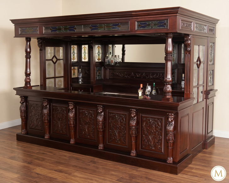 11ft Dark Mahogany Canopy Pub Bar w/ Lead Stained Glass Doors