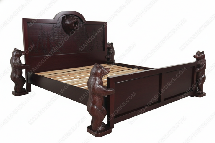 Dark Mahogany Wilderness Bed w/ Hand Carved Bears