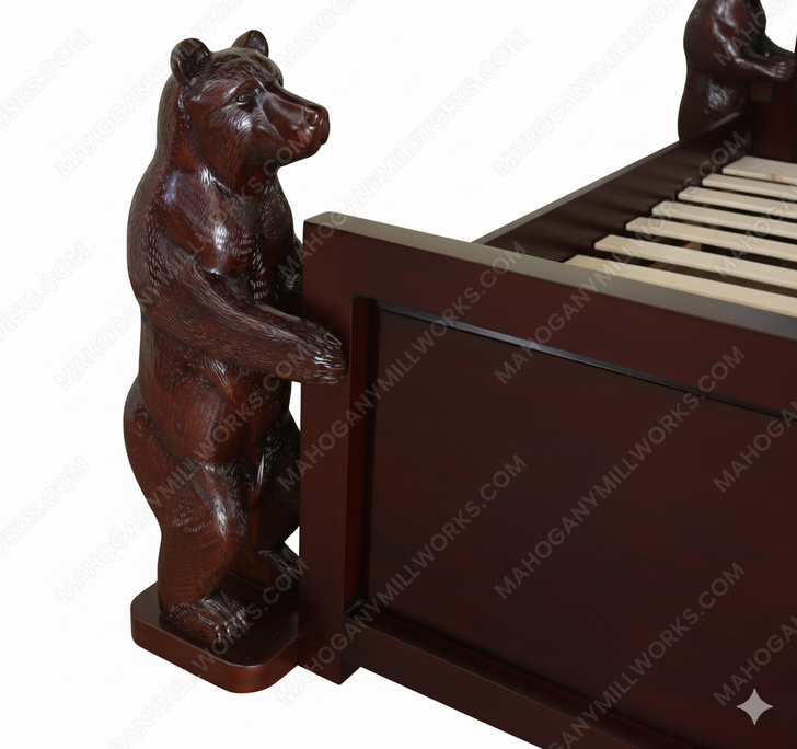 Dark Mahogany Wilderness Bed w/ Hand Carved Bears