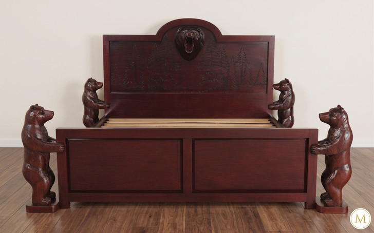 Dark Mahogany Wilderness Bed w/ Hand Carved Bears