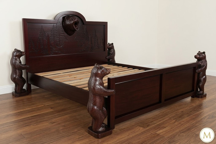 Dark Mahogany Wilderness Bed w/ Hand Carved Bears