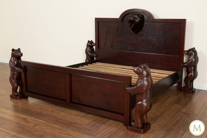 Dark Mahogany Wilderness Bed w/ Hand Carved Bears
