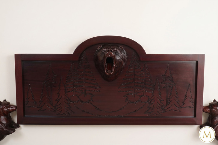 Dark Mahogany Wilderness Bed w/ Hand Carved Bears