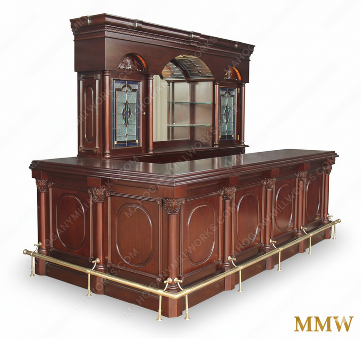 9.5ft Dark Mahogany L-Shape Pub Bar Set