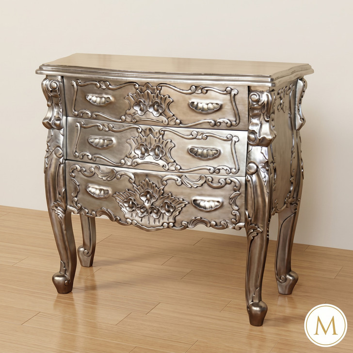 Silver Leaf Rococo 3 Drawer Bedroom Dresser