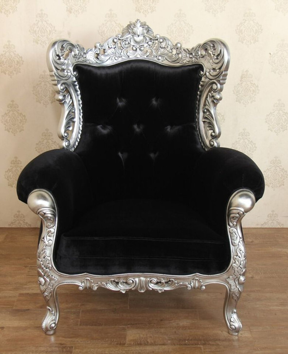 Rococo Silver Leaf & Black Velvet Upholstered Lounge Chair
