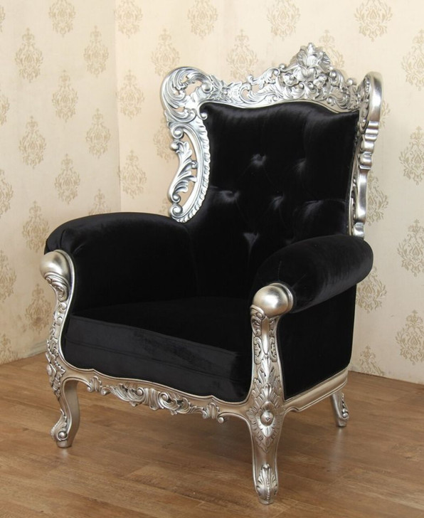 Rococo Silver Leaf & Black Velvet Upholstered Lounge Chair
