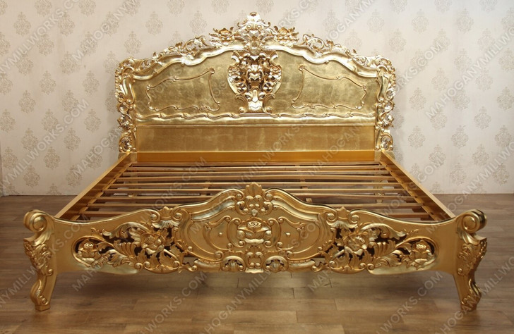 Gold Leaf French Rococo Carved Panel Bed