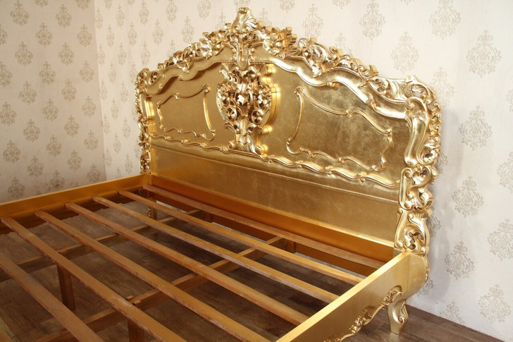 Gold Leaf French Rococo Carved Panel Bed
