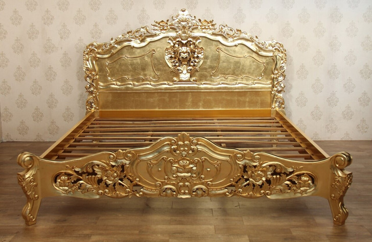 Gold Leaf French Rococo Carved Panel Bed