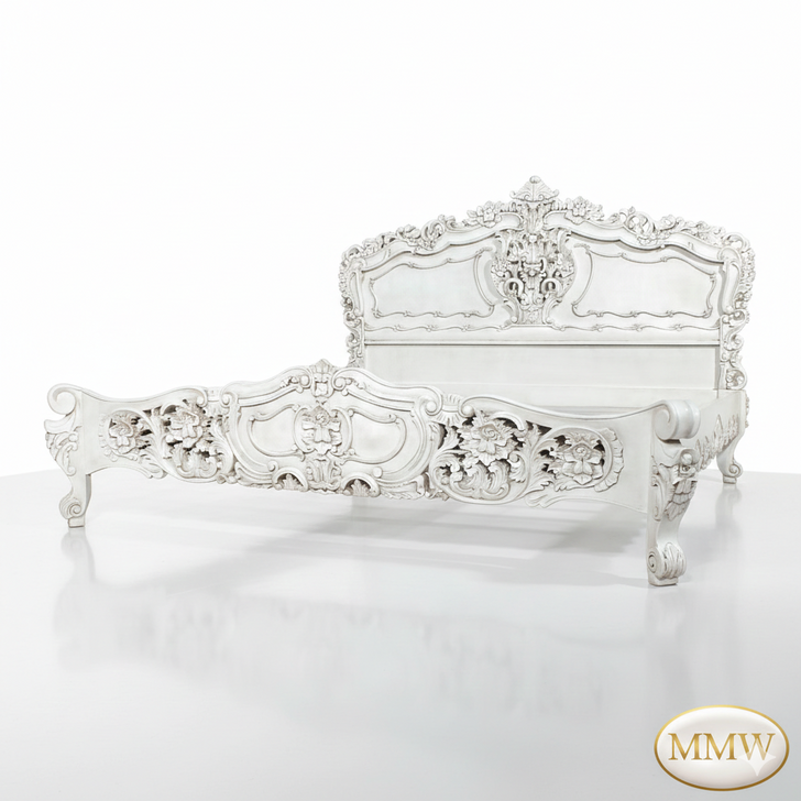 White Satin French Rococo Carved Panel Bed