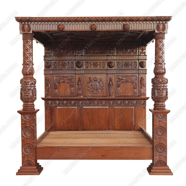 King James Light Walnut Gothic Ornate Four Post Canopy Bed