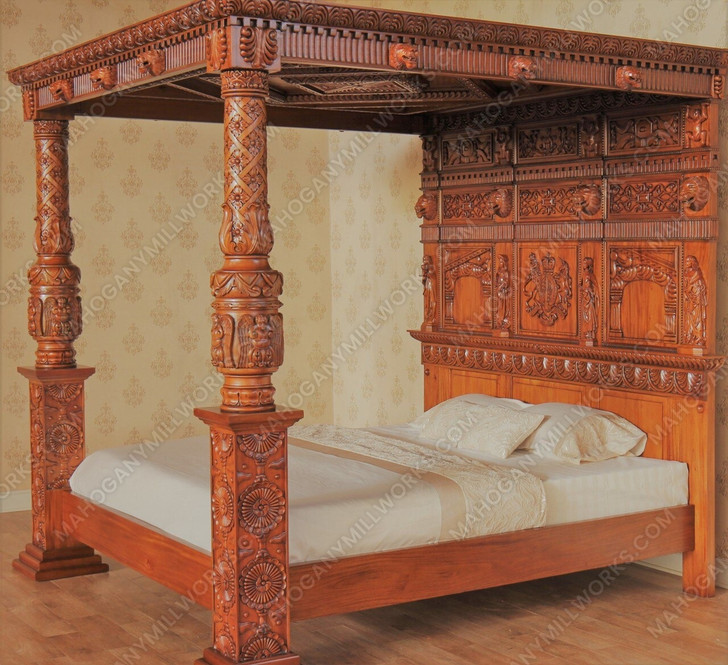 King James Light Walnut Gothic Ornate Four Post Canopy Bed