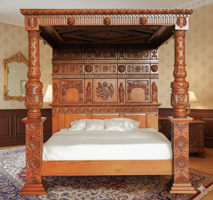 King James Light Walnut Gothic Ornate Four Post Canopy Bed