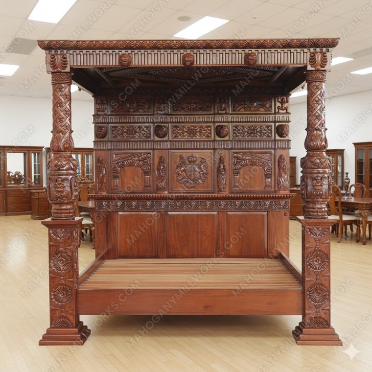 King James Light Walnut Gothic Ornate Four Post Canopy Bed