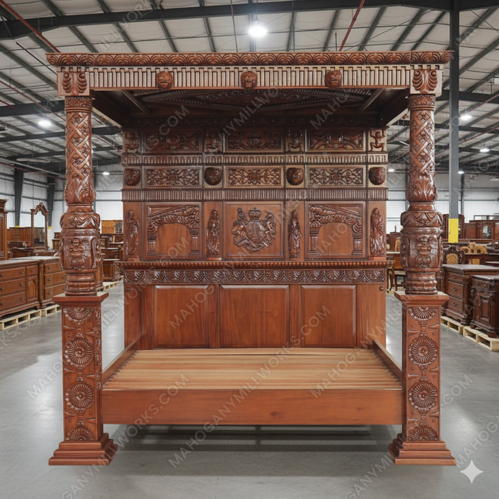 King James Light Walnut Gothic Ornate Four Post Canopy Bed