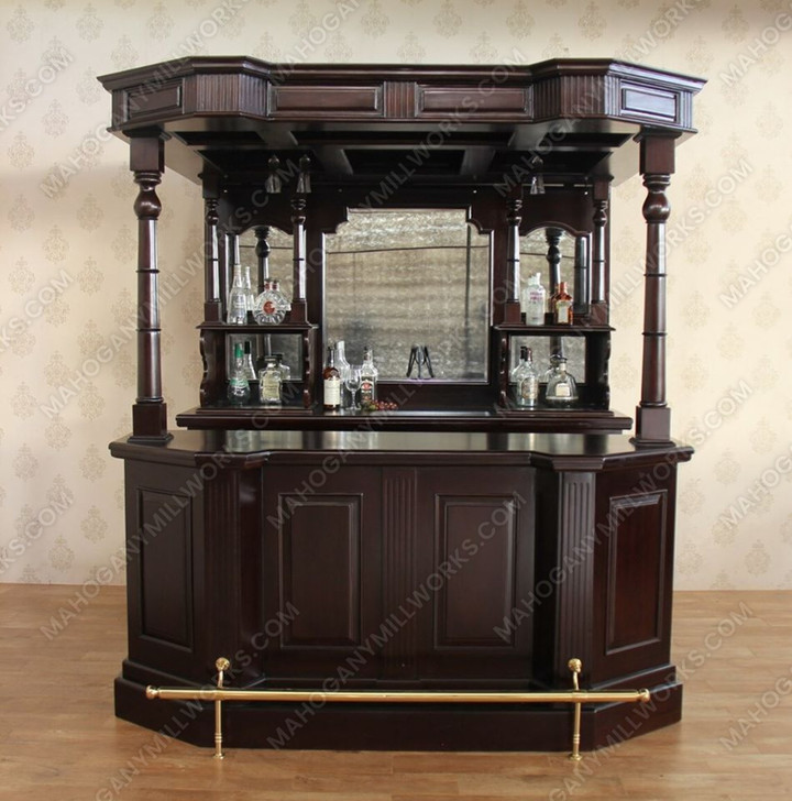 6.5ft Dark Mahogany Traditional Canopy Pub Bar w/ Brass Rails