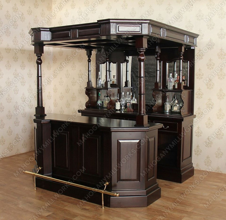 6.5ft Dark Mahogany Traditional Canopy Pub Bar w/ Brass Rails