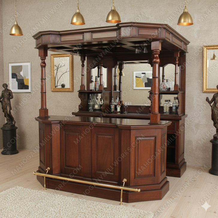 6.5ft Solid Mahogany Traditional Canopy Home Pub Bar w/ Brass Rails
