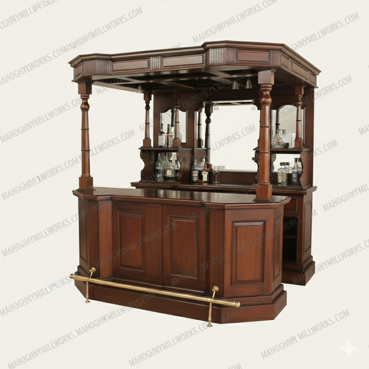 6.5ft Solid Mahogany Traditional Canopy Home Pub Bar w/ Brass Rails