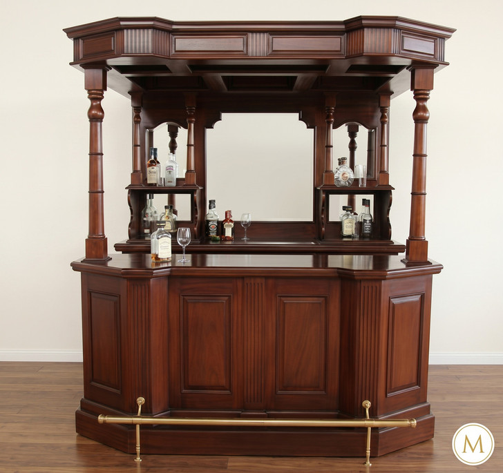 6.5ft Solid Mahogany Traditional Canopy Home Pub Bar w/ Brass Rails