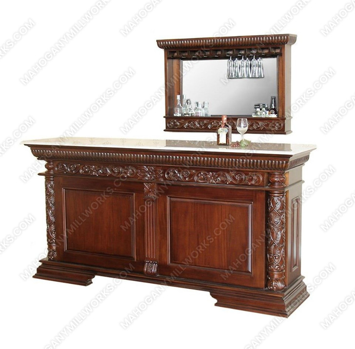7Ft Mahogany Home Pub Bar w/ Marbletop & Wall Mirror