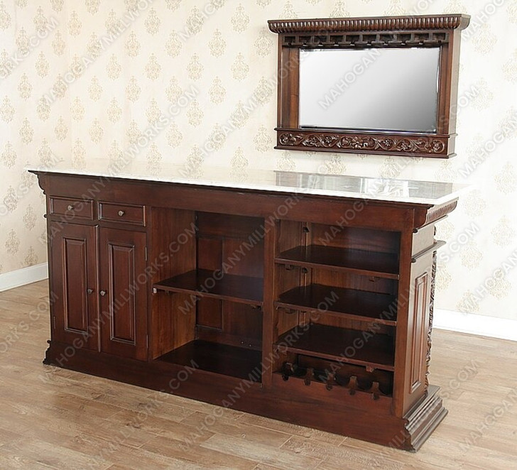 7Ft Mahogany Home Pub Bar w/ Marbletop & Wall Mirror
