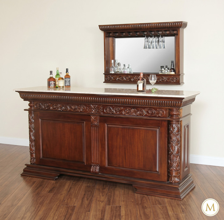 7Ft Mahogany Home Pub Bar w/ Marbletop & Wall Mirror
