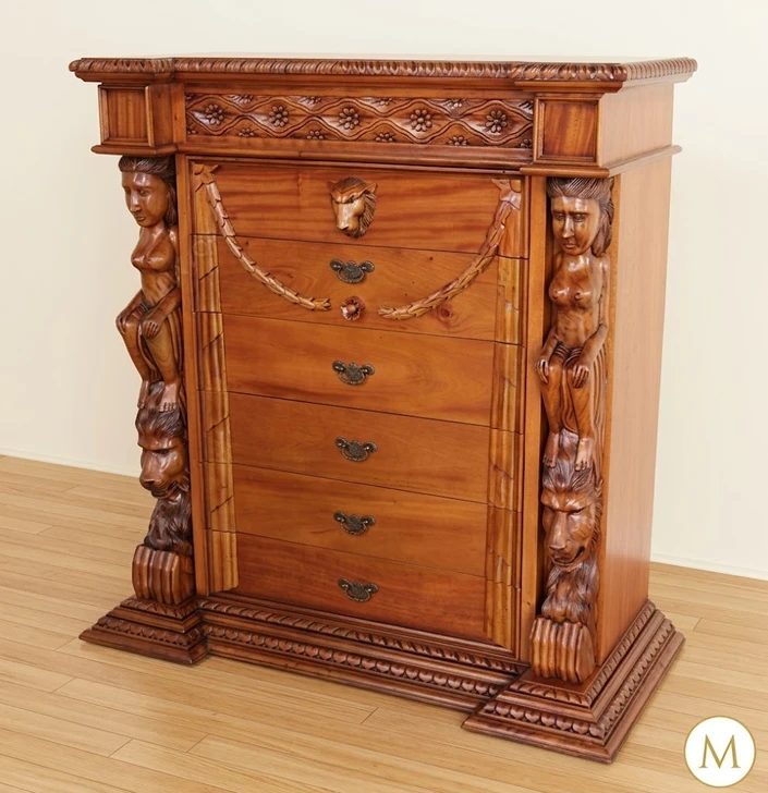 Gothic Medieval Light Mahogany Tall Boy Chest Dresser