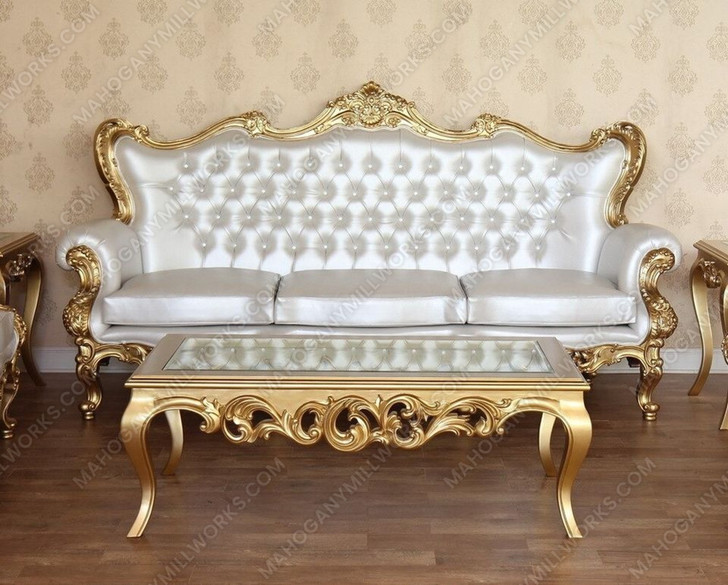 6pc Royal Gold Leaf & Ivory Velvet Upholstered Living Room Seating Set