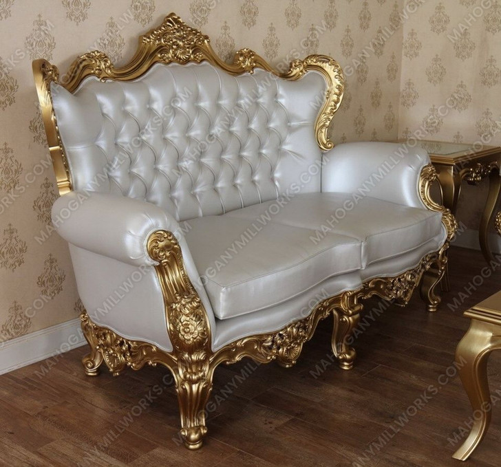 6pc Royal Gold Leaf & Ivory Velvet Upholstered Living Room Seating Set