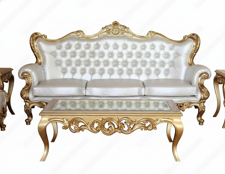 6pc Royal Gold Leaf & Ivory Velvet Upholstered Living Room Seating Set