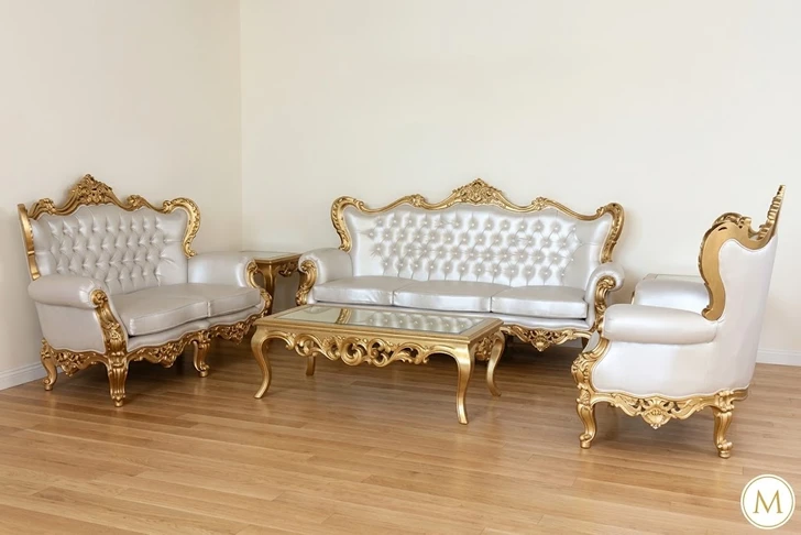 6pc Royal Gold Leaf & Ivory Velvet Upholstered Living Room Seating Set