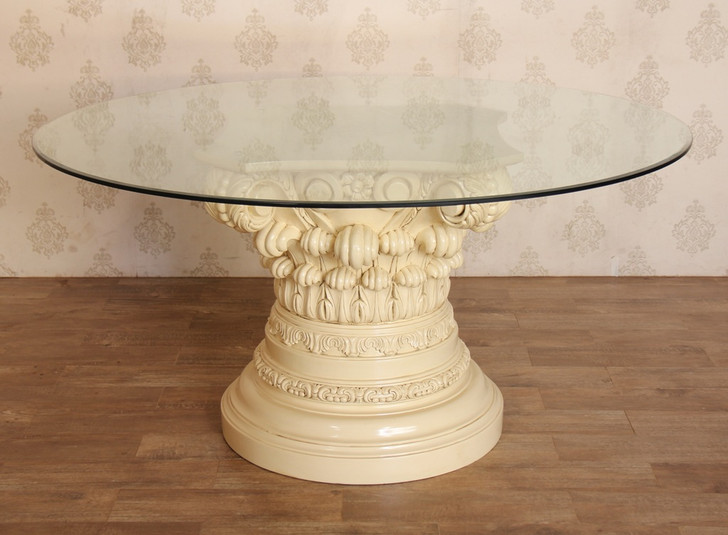 60" Buttermilk Finish Round Glass-Top Dining Table w/ Ornate Pedestal Base