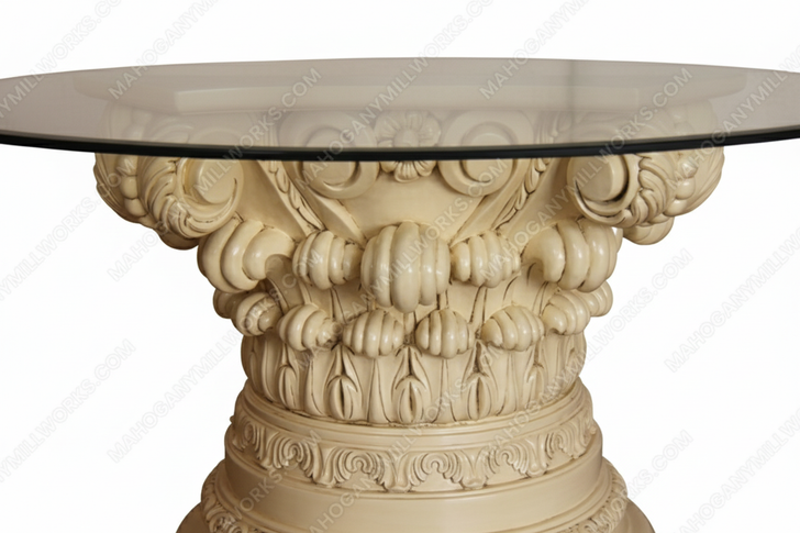 60" Buttermilk Finish Round Glass-Top Dining Table w/ Ornate Pedestal Base