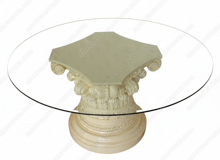 60" Buttermilk Finish Round Glass-Top Dining Table w/ Ornate Pedestal Base