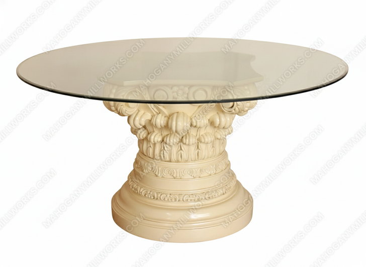 60" Buttermilk Finish Round Glass-Top Dining Table w/ Ornate Pedestal Base